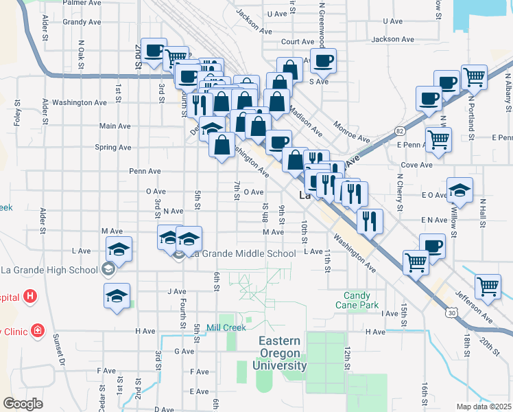 map of restaurants, bars, coffee shops, grocery stores, and more near 1309 N Avenue in La Grande