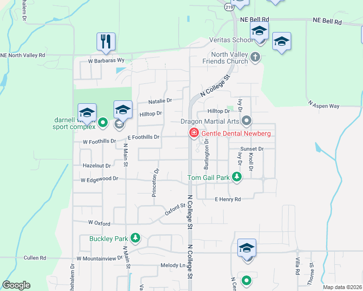 map of restaurants, bars, coffee shops, grocery stores, and more near 609 Sunset Court in Newberg
