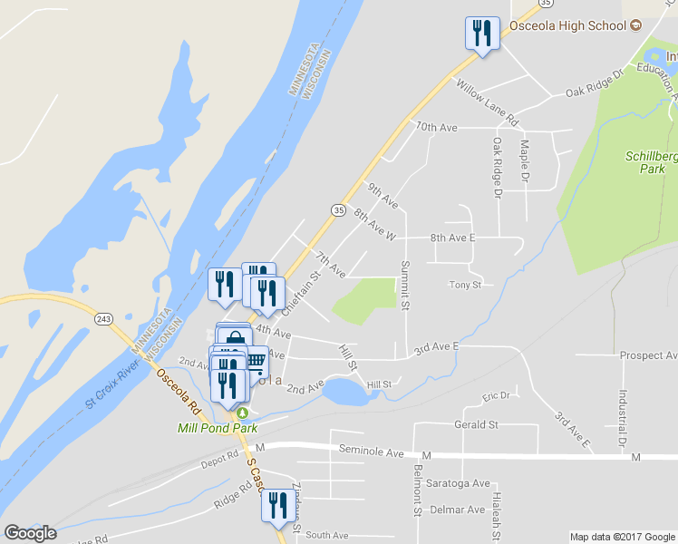 map of restaurants, bars, coffee shops, grocery stores, and more near 310 7th Avenue in Osceola