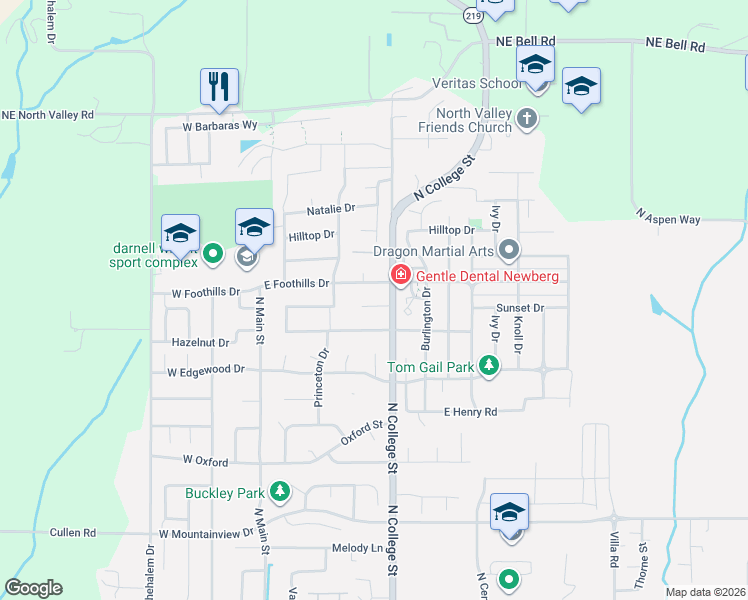 map of restaurants, bars, coffee shops, grocery stores, and more near 609 Sunset Court in Newberg