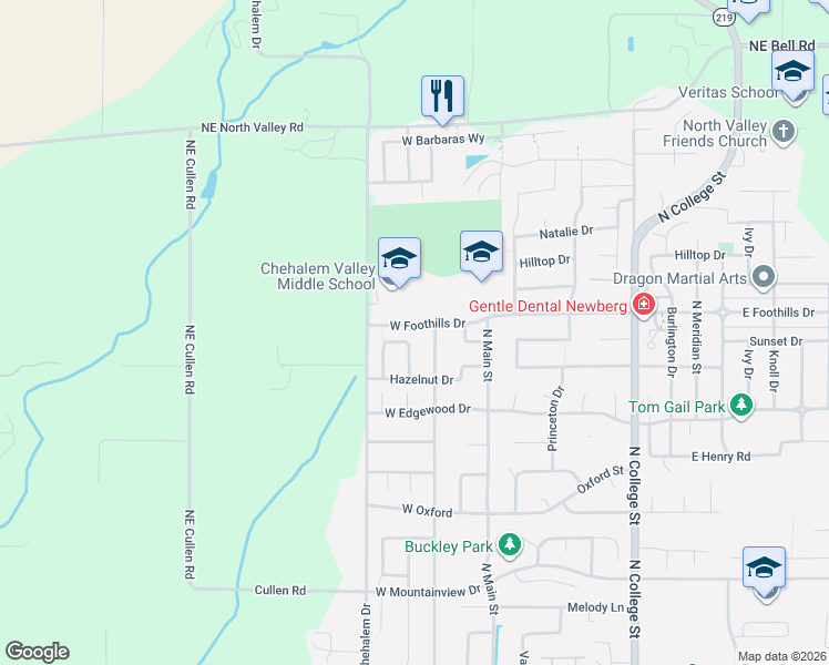 map of restaurants, bars, coffee shops, grocery stores, and more near 3306 Solstice Lane in Newberg