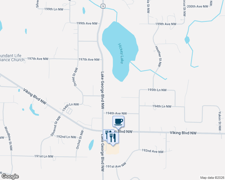 map of restaurants, bars, coffee shops, grocery stores, and more near 19519 Lake George Boulevard in Oak Grove