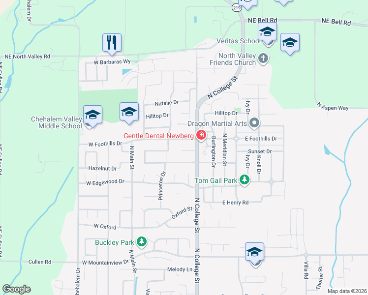 map of restaurants, bars, coffee shops, grocery stores, and more near 601 Sunset Court in Newberg