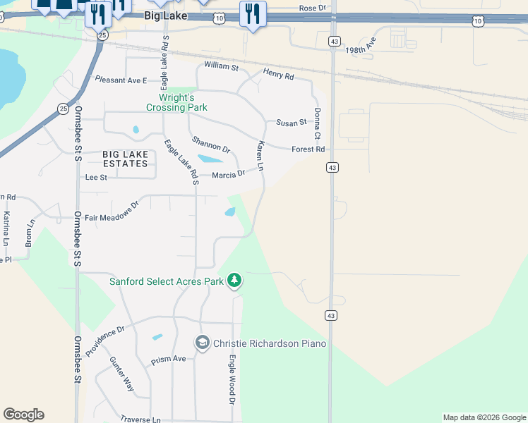 map of restaurants, bars, coffee shops, grocery stores, and more near 19384 Karen Lane in Big Lake