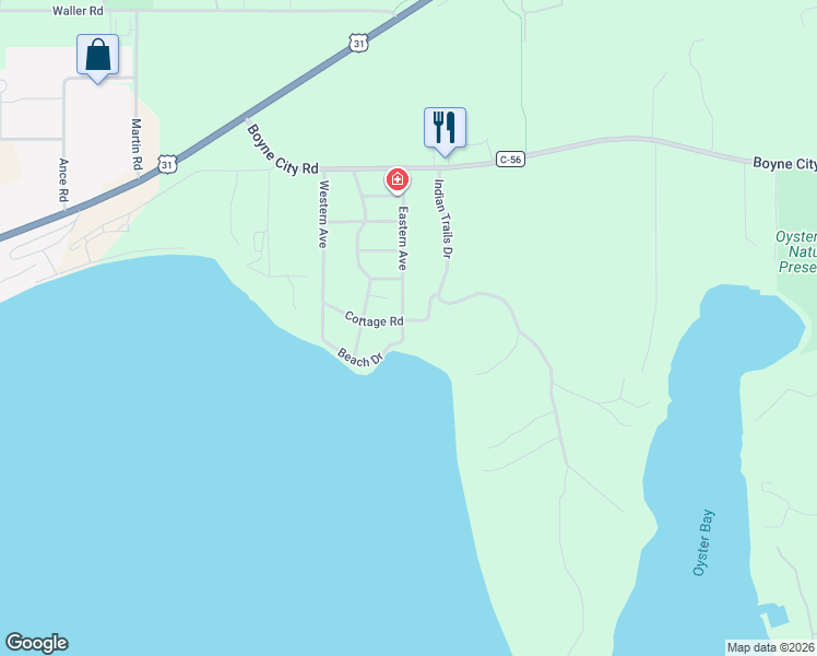 map of restaurants, bars, coffee shops, grocery stores, and more near 8076 Eastern Avenue in Charlevoix