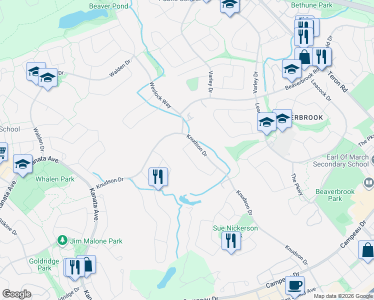 map of restaurants, bars, coffee shops, grocery stores, and more near 9 Halldorson Crescent in Ottawa