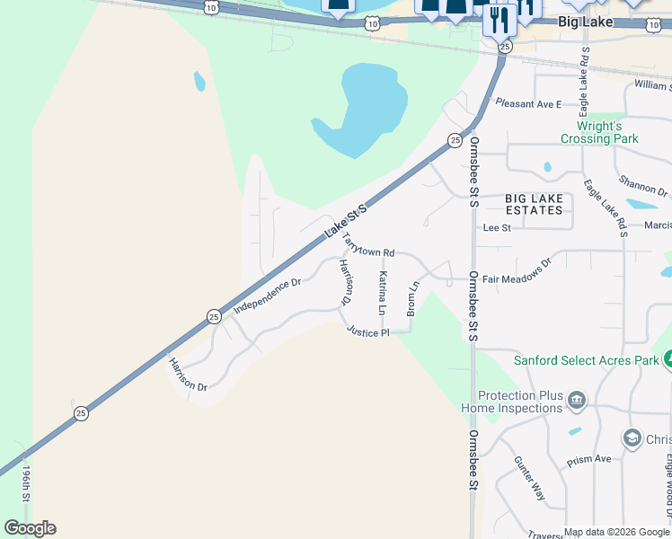 map of restaurants, bars, coffee shops, grocery stores, and more near 664 Independence Drive in Big Lake