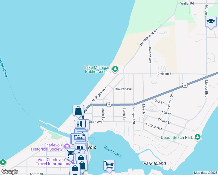 map of restaurants, bars, coffee shops, grocery stores, and more near 442 Michigan Avenue in Charlevoix