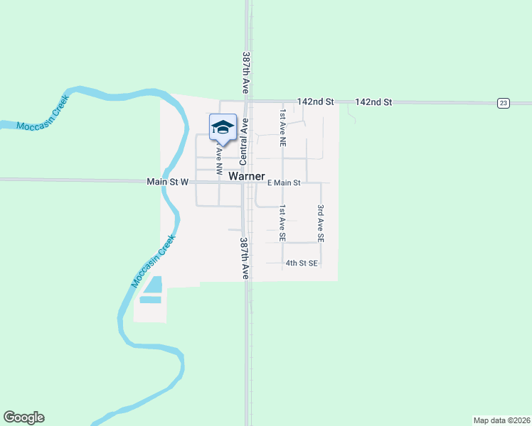 map of restaurants, bars, coffee shops, grocery stores, and more near 2-120 1st Street Southeast in Warner