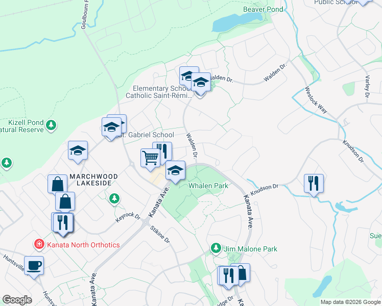 map of restaurants, bars, coffee shops, grocery stores, and more near 27 Weaver Crescent in Ottawa