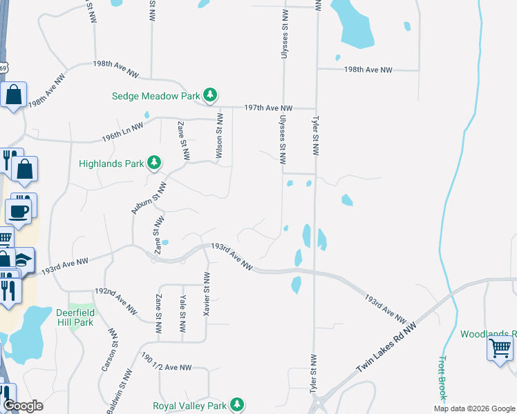 map of restaurants, bars, coffee shops, grocery stores, and more near 19438 Ulysses Street Northwest in Elk River