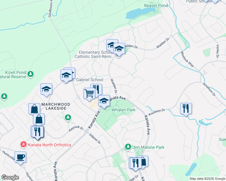 map of restaurants, bars, coffee shops, grocery stores, and more near 7 Weaver Crescent in Ottawa
