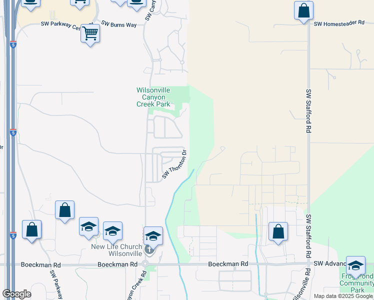 map of restaurants, bars, coffee shops, grocery stores, and more near 7629 Southwest Thornton Drive in Wilsonville