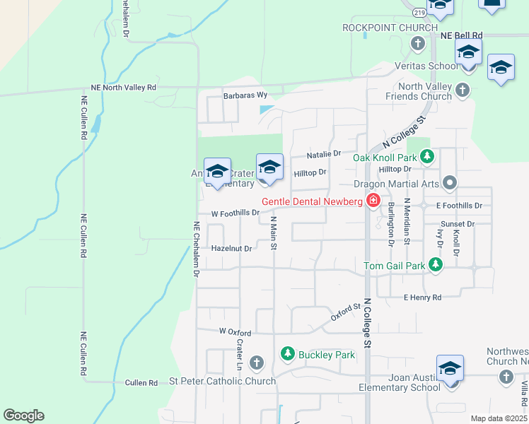 map of restaurants, bars, coffee shops, grocery stores, and more near 203 West Foothills Drive in Newberg