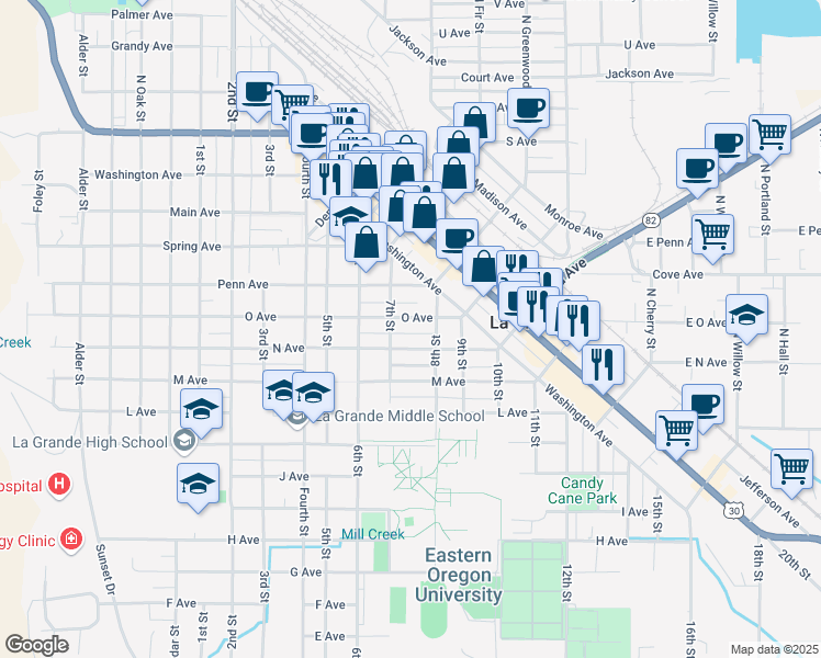 map of restaurants, bars, coffee shops, grocery stores, and more near 1309 N Avenue in La Grande