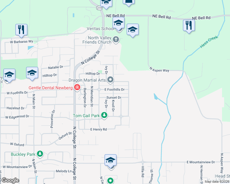map of restaurants, bars, coffee shops, grocery stores, and more near 1223 Sunset Drive in Newberg