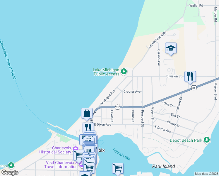 map of restaurants, bars, coffee shops, grocery stores, and more near 442-498 Michigan Ave in Charlevoix