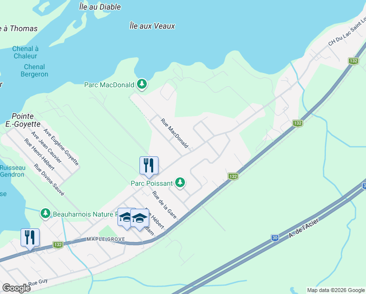 map of restaurants, bars, coffee shops, grocery stores, and more near 4 Rue MacDonald in Beauharnois