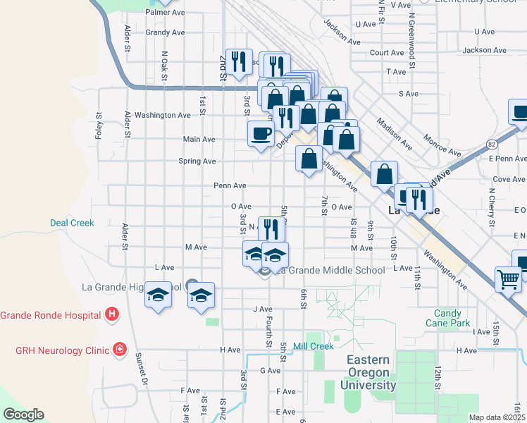 map of restaurants, bars, coffee shops, grocery stores, and more near 1402 Fourth Street in La Grande