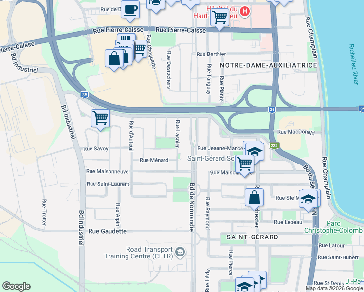 map of restaurants, bars, coffee shops, grocery stores, and more near 723 Rue Lasnier in Saint-Jean-sur-Richelieu