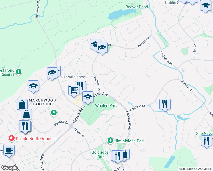 map of restaurants, bars, coffee shops, grocery stores, and more near 32 Harrington Court in Ottawa