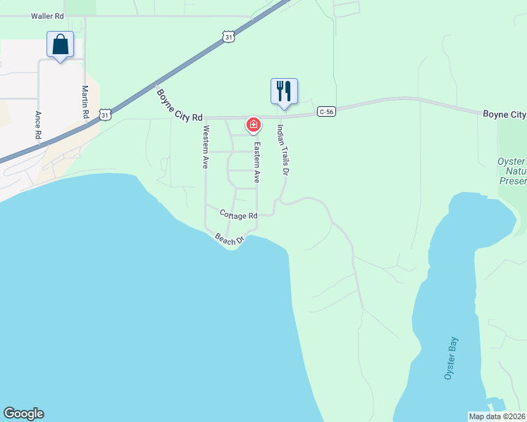 map of restaurants, bars, coffee shops, grocery stores, and more near 8076 Eastern Avenue in Charlevoix
