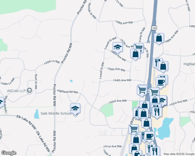 map of restaurants, bars, coffee shops, grocery stores, and more near 19428 Lowell Street Northwest in Elk River