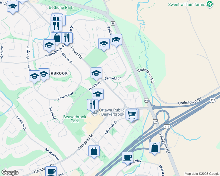 map of restaurants, bars, coffee shops, grocery stores, and more near Teron Road in Ottawa