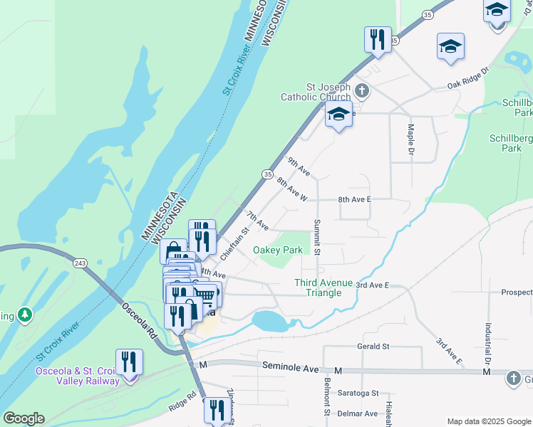 map of restaurants, bars, coffee shops, grocery stores, and more near 310 7th Avenue in Osceola