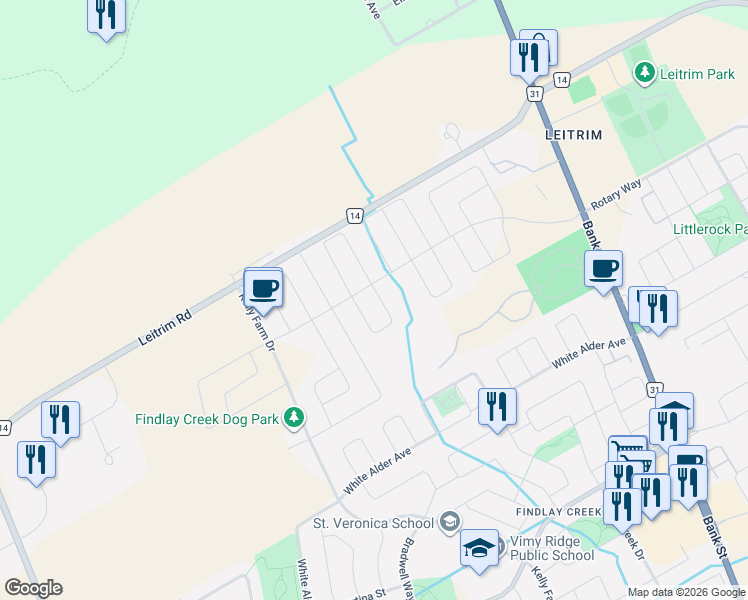 map of restaurants, bars, coffee shops, grocery stores, and more near 508 Muscari Street in Ottawa