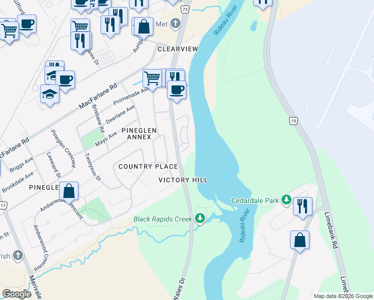 map of restaurants, bars, coffee shops, grocery stores, and more near 35 Waterford Drive in Ottawa