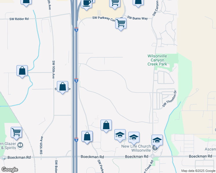 map of restaurants, bars, coffee shops, grocery stores, and more near Printer Parkway in Wilsonville