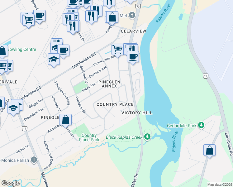 map of restaurants, bars, coffee shops, grocery stores, and more near in Ottawa