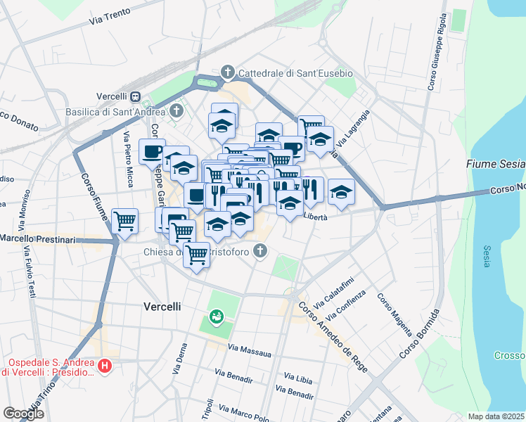 map of restaurants, bars, coffee shops, grocery stores, and more near 11 Via Vincenzo Gioberti in Vercelli