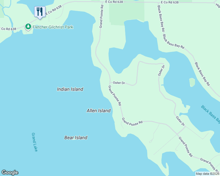 map of restaurants, bars, coffee shops, grocery stores, and more near 7017 Grand Pointe Road in Presque Isle County