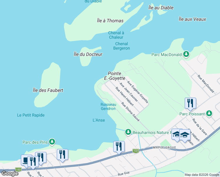 map of restaurants, bars, coffee shops, grocery stores, and more near 154 Rue Divina-Sauvé in Beauharnois