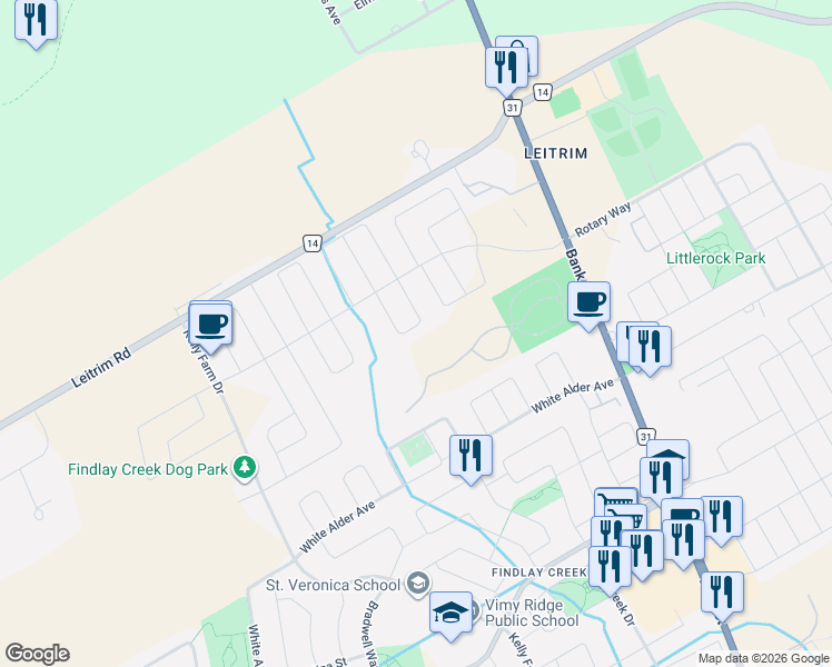 map of restaurants, bars, coffee shops, grocery stores, and more near 844 Snowdrop Crescent in Ottawa