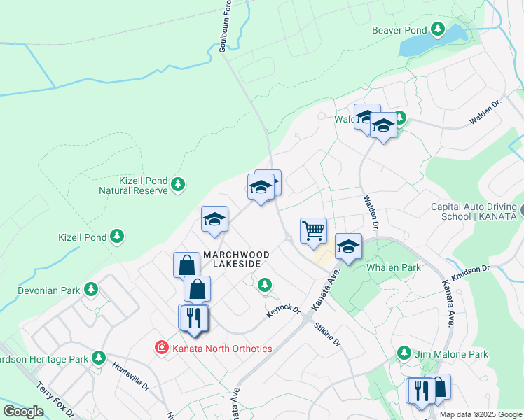 map of restaurants, bars, coffee shops, grocery stores, and more near 400 Keyrock Drive in Ottawa