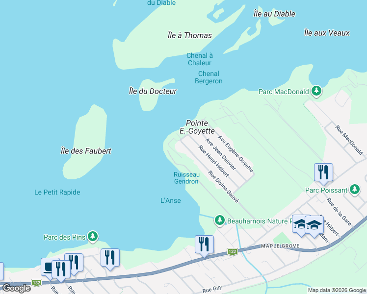 map of restaurants, bars, coffee shops, grocery stores, and more near 163 Rue Divina-Sauvé in Beauharnois