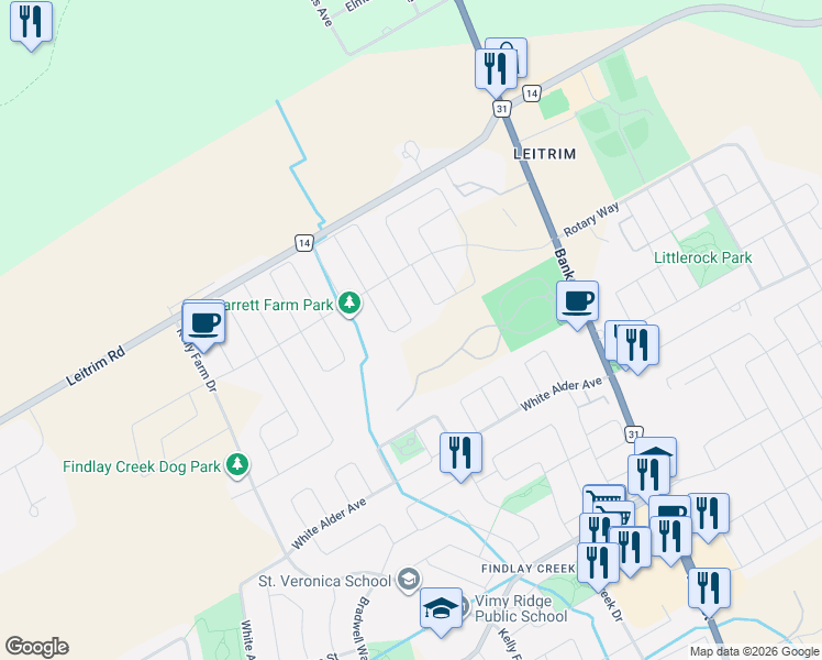 map of restaurants, bars, coffee shops, grocery stores, and more near 132 Flat Sedge Crescent in Ottawa
