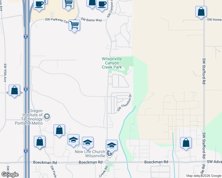 map of restaurants, bars, coffee shops, grocery stores, and more near 7730 Roanoke Drive South in Wilsonville