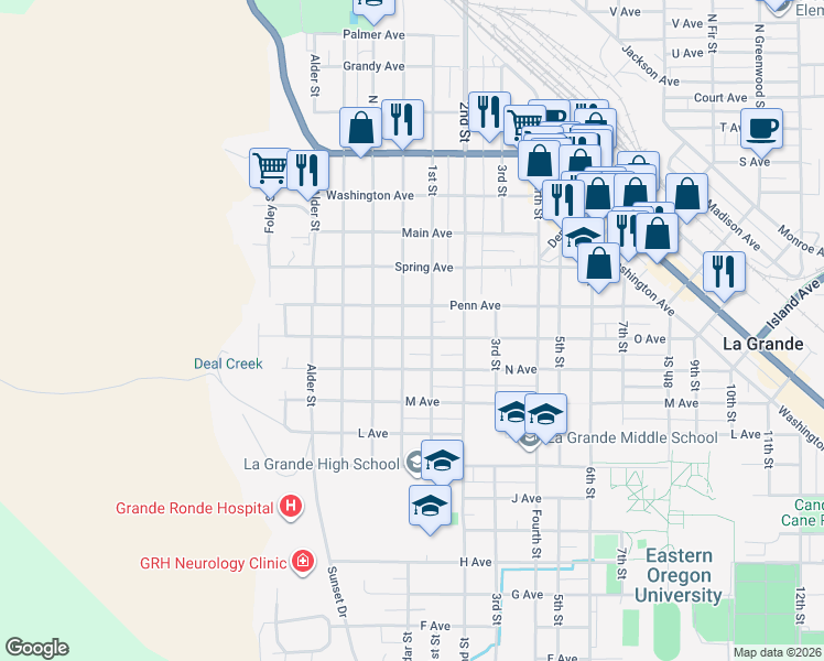 map of restaurants, bars, coffee shops, grocery stores, and more near 1508 1st Street in La Grande