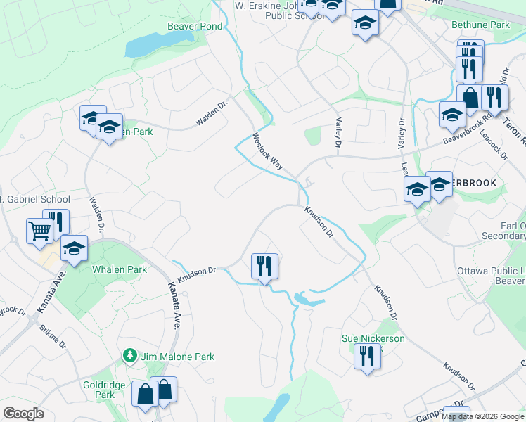 map of restaurants, bars, coffee shops, grocery stores, and more near 245 Knudson Drive in Ottawa