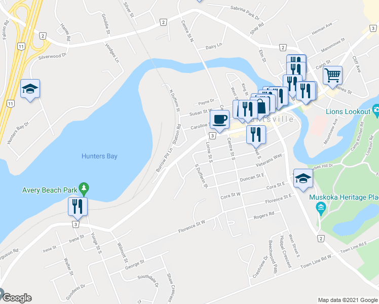 map of restaurants, bars, coffee shops, grocery stores, and more near 31 Main Street West in Huntsville