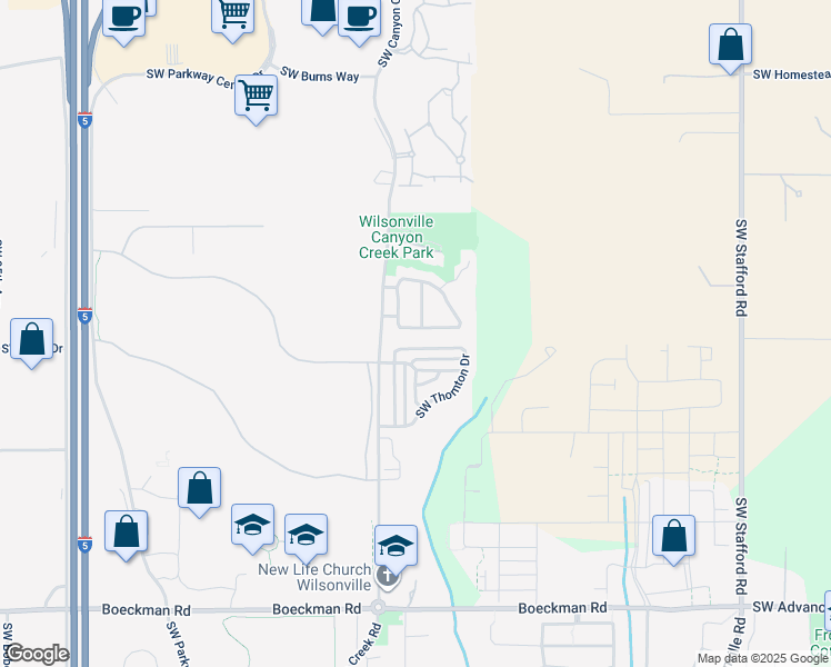 map of restaurants, bars, coffee shops, grocery stores, and more near 7702 Roanoke Drive South in Wilsonville