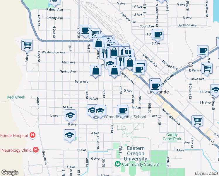 map of restaurants, bars, coffee shops, grocery stores, and more near in La Grande