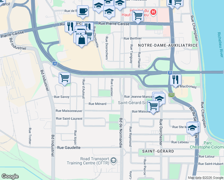 map of restaurants, bars, coffee shops, grocery stores, and more near 749 Rue Lasnier in Saint-Jean-sur-Richelieu