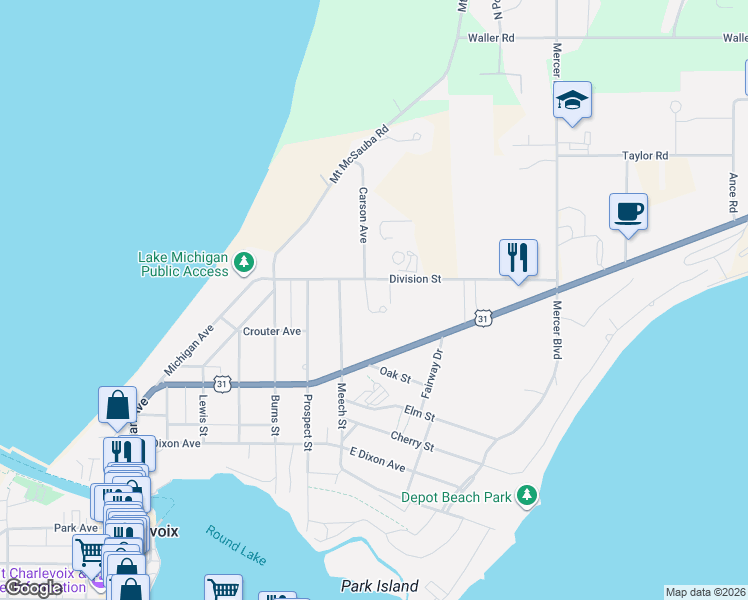 map of restaurants, bars, coffee shops, grocery stores, and more near 614-630 Division Street in Charlevoix