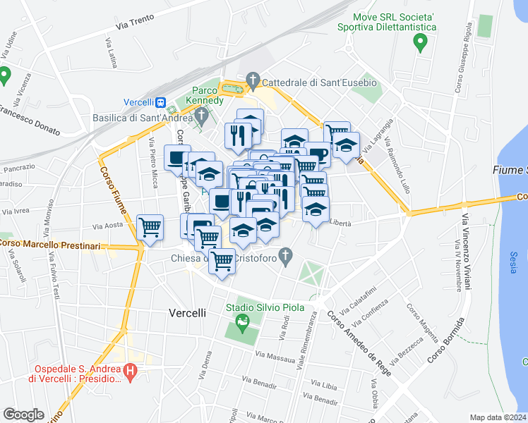 map of restaurants, bars, coffee shops, grocery stores, and more near 16 Via E. Bava in Vercelli