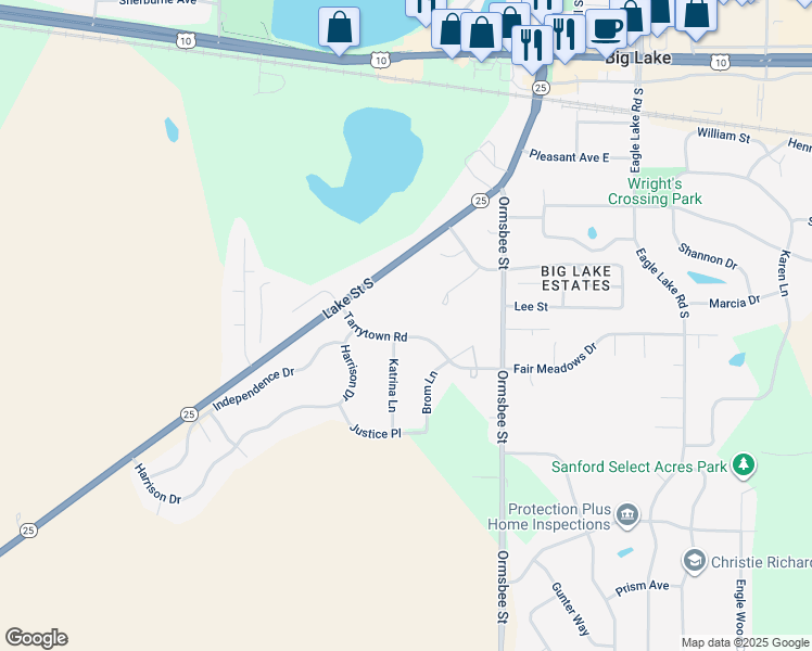 map of restaurants, bars, coffee shops, grocery stores, and more near 151 Tarrytown Road in Big Lake